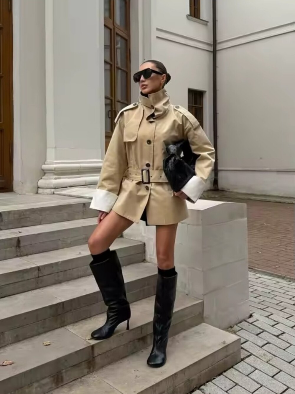 Women Chic Stand Collar Belted Trench Coat Casual Contrast Cuff Single Breasted - Picture 4 of 7